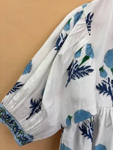 Boho Style Hand Print <b>White</b> Cotton Midi Dress With Tie-Neck Short Sleeve Summer Casual Dress For Women - Product Image 2