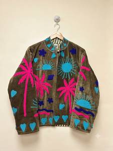 Blouson Bomber en Velours Brodé Fait Main pour Femme, Motif Palmier et Soleil Floral, Écologique, Style Bohème, Vêtement d'Extérieur Hiver Automne - Product Image 5