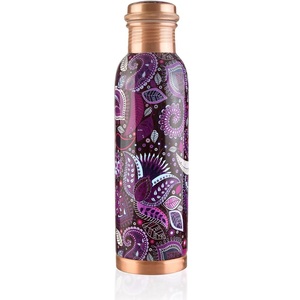 Bouteille d'eau artisanale en cuivre pur à motif cachemire violet |   Flacon d'hydratation motif goutte d'eau prune profonde - Product Image 1