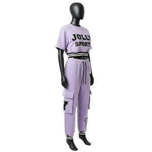 Conjunto de Pantalón Cargo y Top Corto de Felpa Suave de Algodón para Mujer, 300 GSM, Color Lavanda, Cintura Elástica con Rayas, Parche de Chenilla, Conjuntos para Mujer - Product Image 4