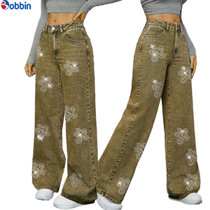 Pantalon Baggy Femme Personnalisé avec Strass, Taille Haute, Style Tendance, Jean Ample Droit en Denim pour Femme, Nouvelle Collection Automne - Product Image 3