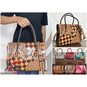Luxury Western Hand Tooled Cow Leather Handbag for Women's Checkered Shoulder Bag Vintage Cowgirl Purse with Turn Lock Closure - Product Image 1