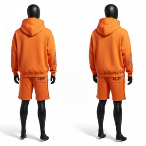 Ensemble sweat à capuche et short en molleton épais coton-polyester pour homme, imprimé flamme strass orange personnalisé - Product Image 5