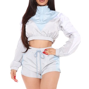 Women's Solid Zipper Windbreaker Shorts <b>Set</b> Lightweight <b>Waterproof</b> Breathable Skinny Fit Activewear Shorts <b>Set</b> 2027 - Product Image 2