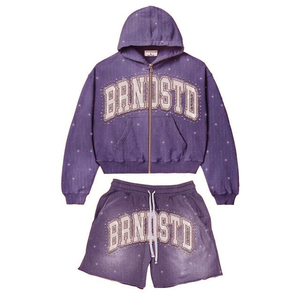2026 Custom Brand Patch Printed Acid Wash Zip Hoodie & Shorts Set Heavyweight 100% Cotton 400 GSM Fleece Hoodie Set - Product Image 6