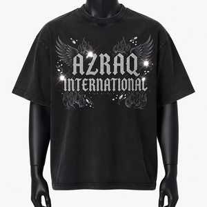 T-shirt noir surdimensionné pour homme AZRAQ INTERNATIONAL, imprimé pailleté, style streetwear, manches courtes, col rond, jersey en coton - Product Image 1