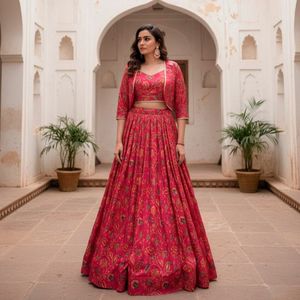 Lehenga de seda rosa con estampado floral y elegante blusa Koti, completamente cosida, de primera calidad, lista para usar, precio al por mayor de Royal Export. - Product Image 1