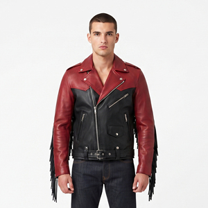 Veste en cuir à col rabattu pour homme, veste en cuir à franges avec fermeture éclair, veste en cuir à franges avec ceinture pour homme - Product Image 6