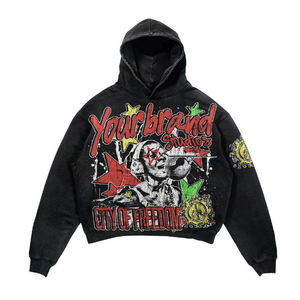 Custom Men’s Oversized Cotton Hoodie with Dirty Wash Graphic Print, DTG Boxy Fit and Rhinestone Zip-Up Design - Product Image 5