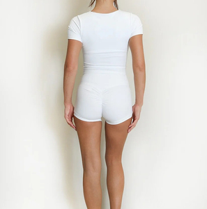 Conjunto de Top de Manga Corta Tejido Blanco con Pantalones Cortos, Cuello Redondo, Corte Regular, Transpirable, Conjunto de 2 Piezas Informal de Verano para Mujer - Product Image 4
