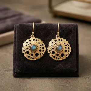 Natural Labradorite Brass <b>Earrings</b> | Handmade Gemstone Dangle <b>Earrings</b> | Wholesale Brass Jewelry - Product Image 3