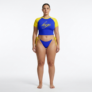 Blue <b>Yellow</b> Raglan Sleeve Crop Top Print Knitted Polyester Women's 2 Piece Swimwear Set Thongs Front Eco-Friendly Waist Detail - Product Image 5