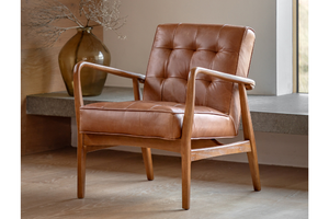 Sillón Artesanal de Estilo Moderno de Mediados de Siglo en Cuero de Primera Calidad Color Bronceado con Estructura de Madera Maciza - Product Image 5