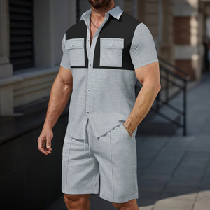 Men Color <b>Blocked</b> Short Sleeve Shirt With Double Pockets And Matching Shorts Casual Summer Two Piece Set <b>Waffle</b> Knit Breathable - Product Image 6