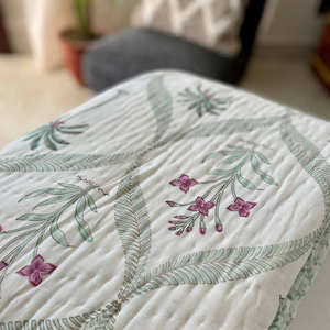 Hand-Block Printed Palm Tree & Pink Floral Cotton Jaipuri Razai / <b>Quilt</b> Reversible Tropical AC 90*108" Size Dohar <b>Bedding</b> - Product Image 3