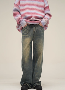 Pantalon en jean vintage délavé pour homme, style crayon, effet moustaches, tendance - Product Image 3