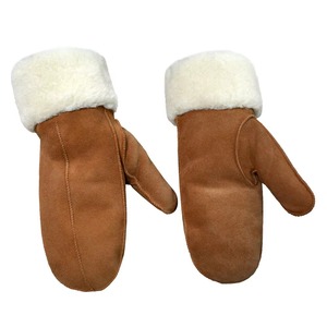 Mitaines en peau de mouton marron, doublées de laine, gants d'hiver thermiques avec revers - Product Image 1