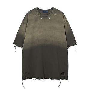 T-shirts personnalisés en coton délavé pour hommes, avec logo brodé et strass, grande taille, col rond, unisexe, vente en gros - Product Image 2