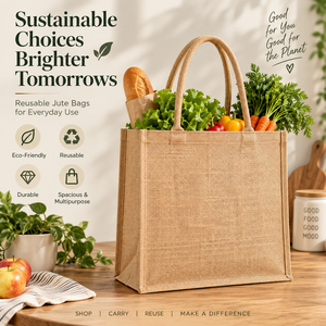 Custom Medium Jute Shopping <b>Tote</b> <b>Bag</b> <b>with</b> <b>Shoulder</b> <b>Strap</b> & Hand Handle for Reusable Gift Grocery Advertising Use - Product Image 3