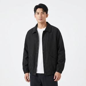 <b>Men's</b> Loose Fit Shirt <b>Jacket</b> Solid Black Turn-down Collar Regular Sleeve Casual Autumn Wear Single Breasted Design - Product Image 3