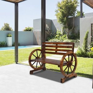 Rustic 2-Person Brown Wooden Wagon Wheel Bench with Slatted Seat and <b>Backrest</b> for Patio Use - Product Image 4