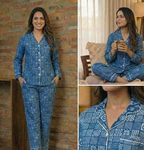 Conjunto de Pijama de Algodón para Mujer, Tejido Térmico, Estampado a Mano con Bloques de Índigo, Corte Cómodo y Relajado, Ropa de Dormir - Product Image 2