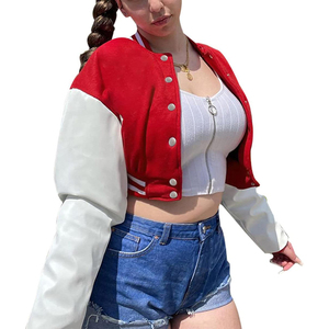 Women's Red White Varsity Jacket Full Sleeve Short Length Rib Collar Regular Length Autumn Style - Product Image 4