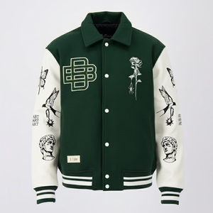 SHY SPORTS Blouson universitaire vert personnalisé OEM avec manches crème, patch brodé motif araignée rose, col plié, style Letterman Bomber - Product Image 1