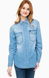 Camisa vaquera de algodón para mujer, blusa de manga larga con botones, cuello vuelto y bolsillos, para uso diario. - Product Image 3
