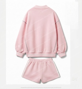 Conjunto de 2 Piezas para Mujer, Color Rosa, Suéter con Cuello en V y Pantalones Cortos por Encima de la Rodilla, Corte Holgado, Informal, Tejido de Algodón, Diseño Sólido, Transpirable y Ecológico - Product Image 3