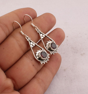 Wholesale 925 <b>Sterling</b> <b>Silver</b> Natural Red Garnet Dangle Earrings Vintage Handcrafted Twisted <b>Wire</b> Open Teardrop Wedding Party - Product Image 3