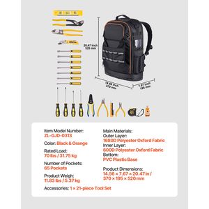Heavy-Duty 65-Pocket Electric <b>Tools</b> <b>Storage</b> Organizer Backpack with Laptop Compartment Molded Base - Product Image 3