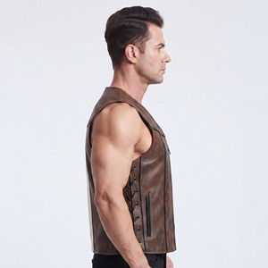 Chaleco de cuero para hombre con cremallera, chaleco de cuero con cordones laterales para hombre, chaleco de cuero con cuello en V para hombre, chaleco de cuero con bolsillos laterales con cremallera para hombre - Product Image 3