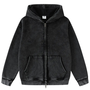 Sweat à capuche unisexe personnalisé en coton, zippé, effet vieilli, épais, coupe oversize, vierge, délavé à l'acide - Product Image 3