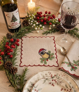 Serviettes de cocktail personnalisées brodées hibou Noël, bordure rouge, en lin naturel, réutilisables pour événements domestiques, bars et fêtes - Vente en gros - Product Image 2