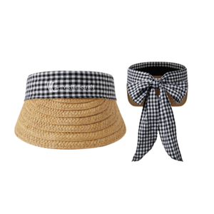 Sombrero de Paja con Visera, Estilo Y2K, Plegable, para Playa y Deportes, con Lazo y Detalles a Cuadros, para Mujer, Verano, Aire Libre - Product Image 1