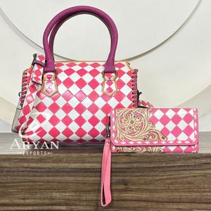 Conjunto de dos piezas a juego: bolso Speedy a cuadros rosa y blanco y cartera, bolso de mano a la moda para mujer, elegante bolso bandolera. - Product Image 1