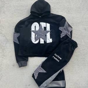 Customized Plus Size Casual Hooded Sweatsuit <b>Distressed</b> Applique Embroidery Tracksuit Set for Men Acid Washed High Quality - Product Image 1