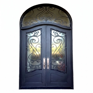 Royal Luxury Modern Wrought Iron Double Entry Door Arched Top Scroll Design Water Resistant Finished Surface for Exterior Use 1 - Product Image 1