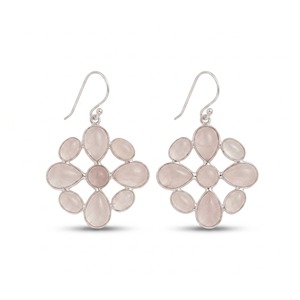Pendientes colgantes de flor de cuarzo rosa natural, plata de ley 925, hechos a mano, piedra preciosa rosa, joyería floral delicada, regalo para mujer - Product Image 1