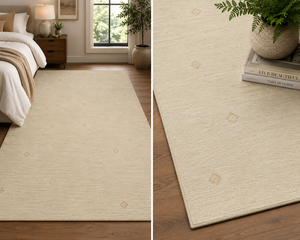 Tapis en laine noué à la main rouge rubis, design classique minimaliste à bordure florale, tapis décoratif de luxe fait main avec franges et pompons - Product Image 3