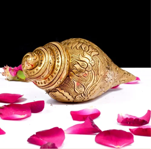 Traditional brass shankh embellished with colorful <b>mosaic</b> stone work, available at wholesale prices. - Product Image 3