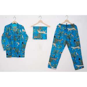 New Design Soft and Breathable Material Pure Cotton jungle Printed Designer Night Suits <b>Top</b> and Pajama Sets from India Wholesale - Product Image 1