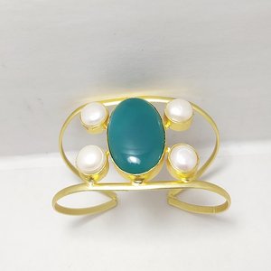 <b>Gemstone</b> Cuff <b>Bracelet</b> with Pearls and Green Onyx Gold Adjustable Open Bangle Design Fashion Cuff <b>Bracelets</b> - Product Image 4