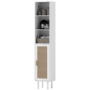 Mobiletto da Bagno Bianco Autoportante Alto con Ripiani Regolabili e Ante in Rattan, Arredo Bagno - Product Image 1