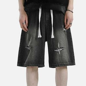 Shorts Bermuda Homme en Toile de Coton Noire, Taille Mi-Haute avec Cordon de Serrage, Design Déchiré Décontracté, Tissu Respirant - Product Image 4
