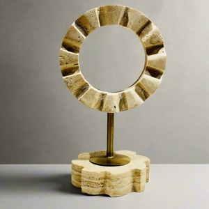 Sculpture en pierre de travertin, nouvelle sculpture abstraite Art Déco de luxe, cercle fendu, décoration de table durable pour entrée, maison, bureau, hôtel - Product Image 2