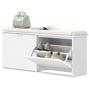 Panca Portascarpe Bianca 40.9x10.2x18.7 Pollici con Cuscino Imbottito e Cassetto Ribaltabile, Panca da Ingresso e Mobile Portascarpe - Product Image 1