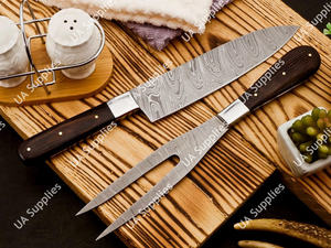 Ensemble de couteaux de chef en acier damas forgé à la main de qualité supérieure, 2 pièces, motif unique avec manche en bois, fourchette à viande, outils de cuisine et de barbecue - Product Image 3