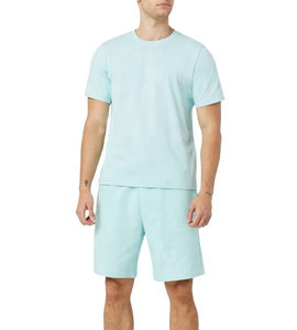 Ensemble short et t-shirt décontracté d'été pour homme, en coton 100% léger, tricoté, imprimé numériquement, brodé, col rond, écologique - Product Image 1